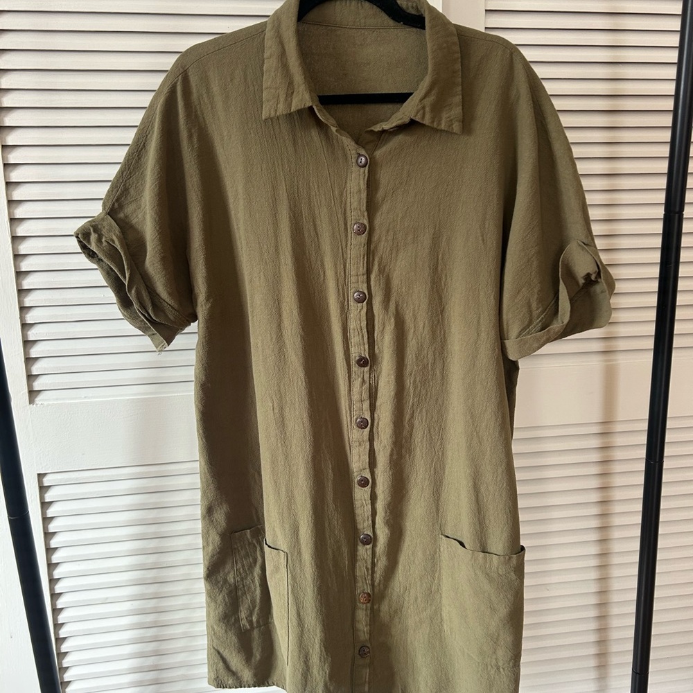 Emery Rose Olive Green Button-Front Men's Shirt Dress